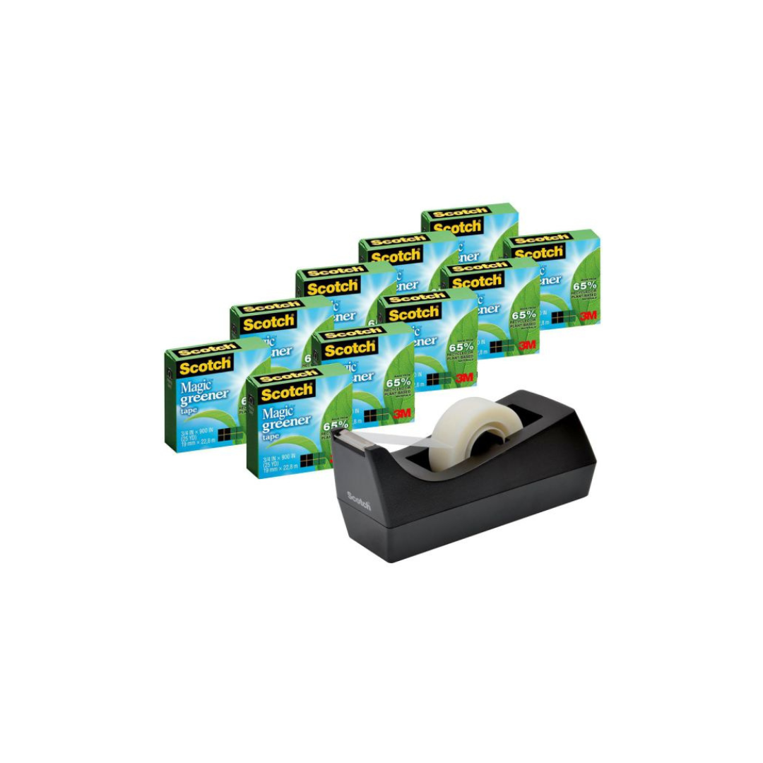 Scotch Magic Greener Invisible Tape With Desktop Dispenser 3/4" x 900" Clear, Pack of 10 rolls