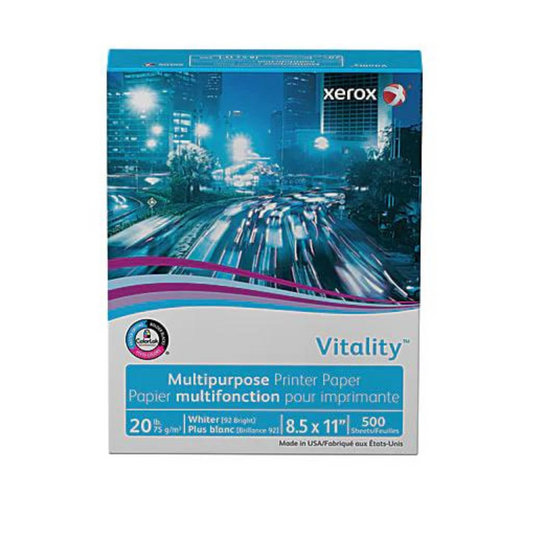 Xerox Vitality Multipurpose and Copy Paper, Letter Size 8 1/2" x 11", 92  Brightness, 20 Lb, White, 1 Ream Of 500 Sheets