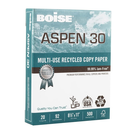 Boise ASPEN 30 Multipurpose & Copy Paper, Letter Size 8 1/2" x 11", 92 Brightness, 20 Lb, 30% Recycled, White, 1 Ream Of 500 Sheets