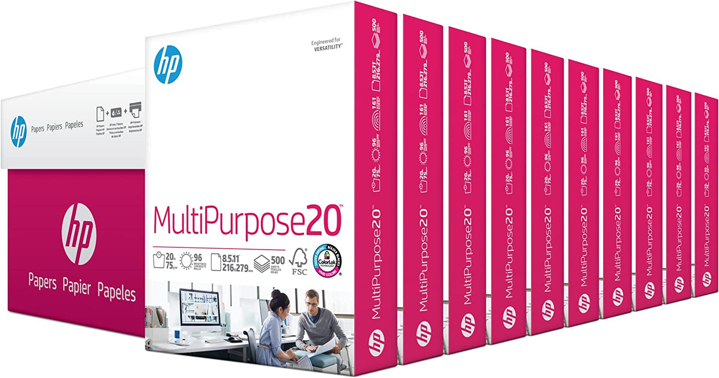 HP Multipurpose Copy and Print Paper, Letter Size 8 1/2" x 11", 20 Lb, Ultra White, 500 Sheets Per Ream, Case Of 10 Reams