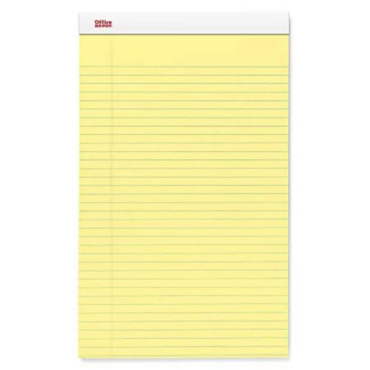 Office Depot Brand Perforated Legal Pads, 8 1/2" x 14", Legal Ruled, 50 Sheets, Canary, Pack Of 12 Pads