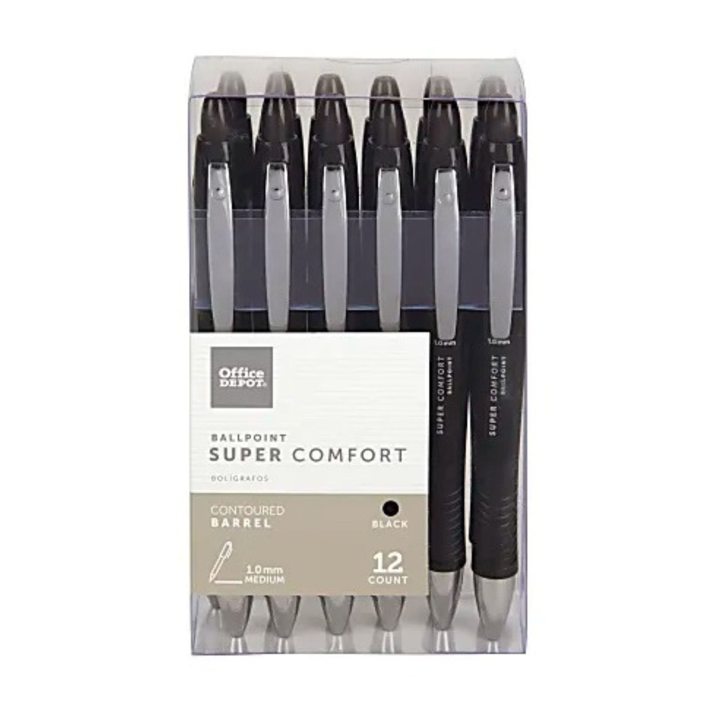 Office Depot Brand Super Comfort Grip Retractable Ballpoint Pens, Medium Point, 1.0 mm, Black Barrel, Black Ink, Pack Of 12