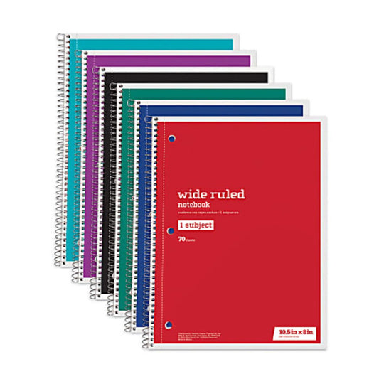 Just Basics Wirebound Notebook, 8" x 10 1/2", 1 Subject, Wide Ruled, 70 Sheets, Assorted Colors, Pack Of 6