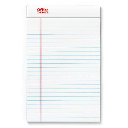 Office Depot Brand Perforated Writing Pads, 5" x 8", Narrow Ruled, 50 Sheets, White, Pack Of 12 Pads