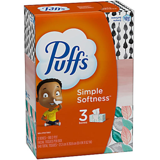 Puffs Basic 2-Ply Facial Tissues,Box of 180 Tissues, Case Of 3 Boxes