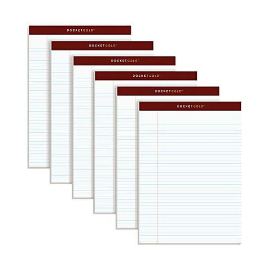 TOPS Docket Gold Perforated Writing Pads, 8 1/2" x 11 3/4", Narrow Ruled, 50 Sheets, White, Pack Of 6 Pads