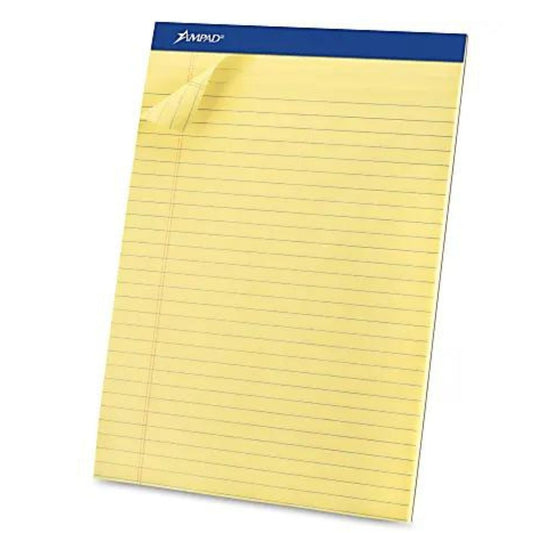 Ampad Basic Micro Perforated Writing Pads, 50 Sheets, Stapled, Wide Ruled, 8 1/2" x 11 1/2", Canary Yellow, Pack Of 12