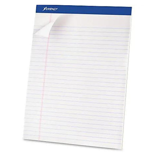 Ampad Basic Micro Perforated Writing Pads, 50 Sheets, Stapled, Wide Ruled, 8 1/2" x 11 3/4", White Paper, Pack Of 12