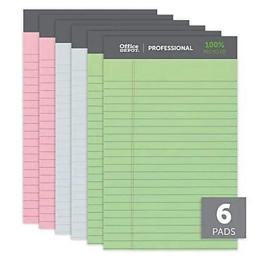 Office Depot Brand Professional Legal Pad, 5" x 8", Assorted Colors, Narrow Ruled, 50 Sheets, 6 Pads/Pack