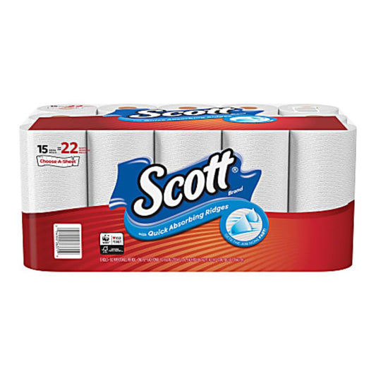 Scott Select-A-Size Mega 1-Ply Paper Towels, 102 Sheets Per Roll, Pack Of 15 Rolls