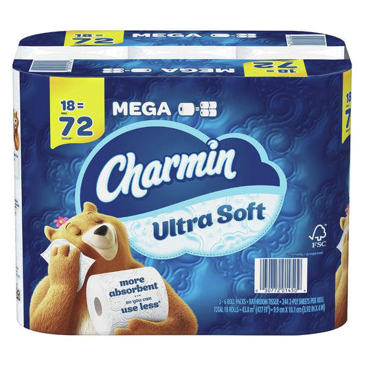 Charmin Ultra Soft 2-Ply Bathroom Tissue, 244 Sheets Per Roll, Pack Of 18 Rolls