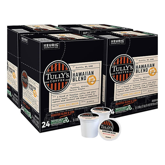 Tully’s Coffee Hawaiian Blend Single-Serve K-Cups, Carton Of 24 K-Cups, 4 Cartons