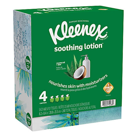 Kleenex Soothing Lotion 3-Ply Tissues, Box of 60 Tissues , Case Of 4 Boxes