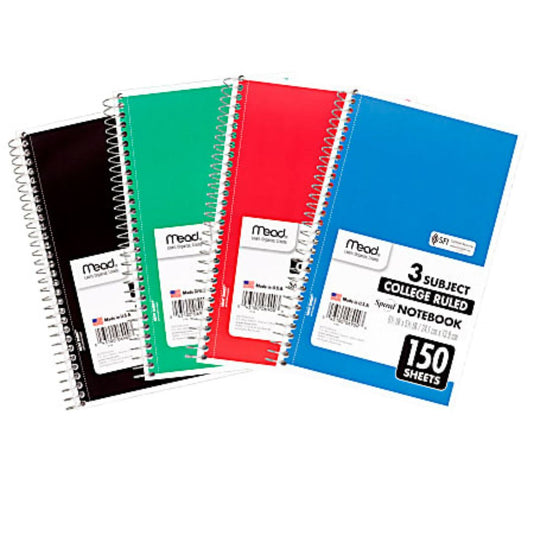 Mead Wirebound Notebook, 6" x 9 1/2", 3 Subject, College Ruled, 300 Pages (150 Sheets), Assorted Colors