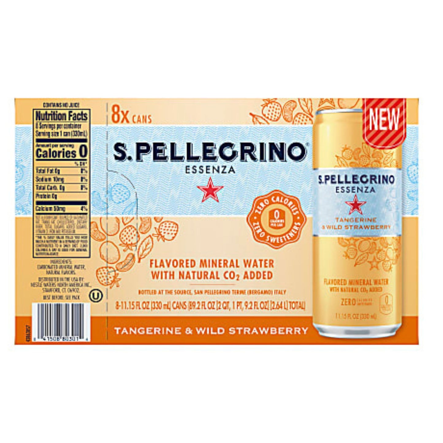 Nestlé S.Pellegrino Essenza Flavored Mineral Water Tangerine & Wild Strawberry 11.15 Oz Pack Of 8 Cans