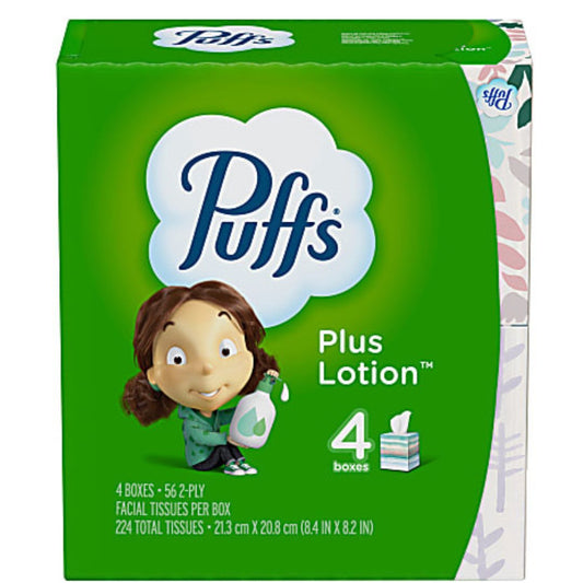 Puffs Plus Lotion 2-Ply Facial Tissues, 56 Sheets Per Box, 4 Boxes