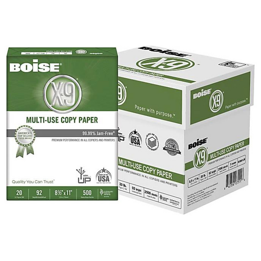 Boise X-9 Multi-Use Print & Copy Paper, Letter Size 8 1/2" x 11", 92 Brightness, 20 Lb, White, 500 Sheets Per Ream, Case Of 5 Reams