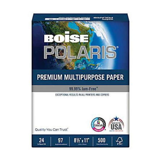 Boise POLARIS Premium Multipurpose Copy and Print Paper, Letter Size 8 1/2" x 11", 97 Brightness, 24 Lb, FSC Certified, White, 1 Ream Of 500 Sheets