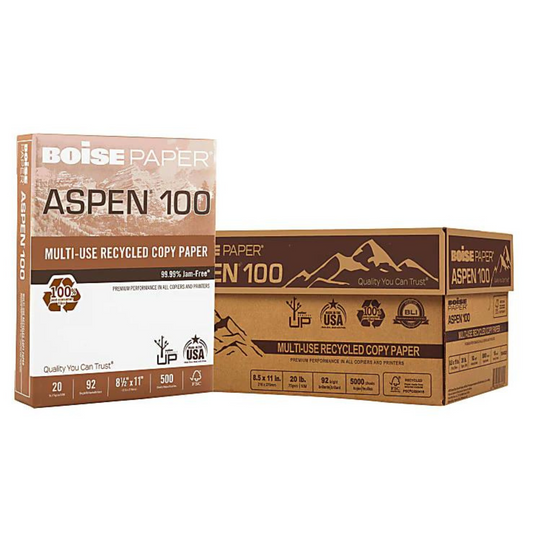 Boise ASPEN 100 Multi-Use Print & Copy Paper, Letter Size 8 1/2" x 11", 92 Brightness, 20 Lb, 100% Recycled, FSC Certified, White, 500 Sheets Per Ream, Case Of 10 Reams