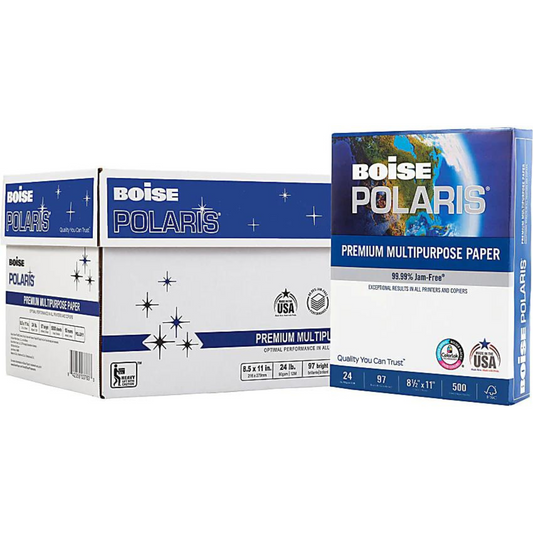 Boise POLARIS Premium Multi-Use Print & Copy Paper, Letter Size 8 1/2" x 11", 97 Brightness, 24 Lb, FSC Certified, White, 500 Sheets Per Ream, Case Of 10 Reams