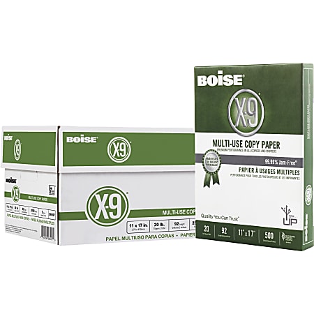 Boise X-9 Multi-Use Print & Copy Paper, Ledger Size 11" x 17", 92 Brightness, 20 Lb, White, 500 Sheets Per Ream, Case Of 5 Reams