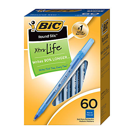 BIC Round Stic Ballpoint Pens, Medium Point, 1.0 mm, Translucent Barrel, Blue Ink, Box Of 60