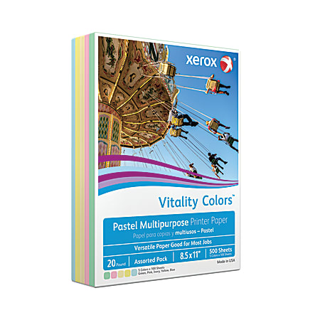 Xerox Vitality Colors Colored Multi-Use Print & Copy Paper, (ASSORTED PASTELS), Letter Size 8 1/2" x 11", 20 Lb, 30% Recycled,  Ream Of 500 Sheets