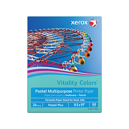 Xerox Vitality Colors Pastel Plus Colored Multi-Use Print & Copy Paper, (AQUA), Letter Size 8 1/2" x 11", 24 Lb, 30% Recycled, Ream Of 500 Sheets