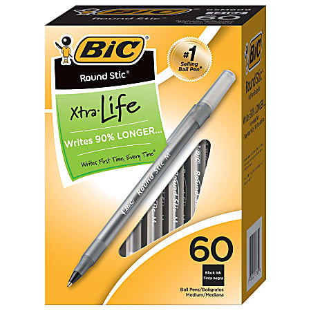 BIC Round Stic Ballpoint Pens, Medium Point, 1.0 mm, Translucent Barrel, Black Ink, Pack Of 60 Pens