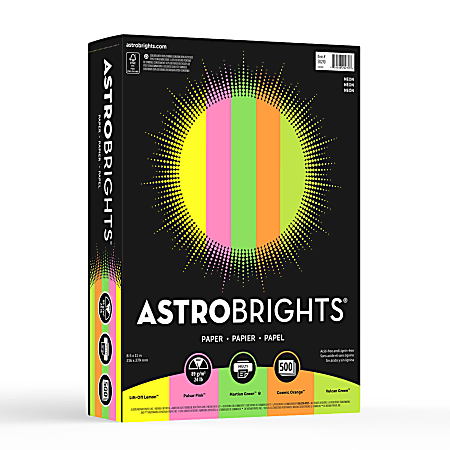 Astrobrights Colored Multi-Use Print & Copy Paper, Letter Size 8 1/2" x 11", 24 Lb, Neon Assortment, Ream Of 500 Sheets