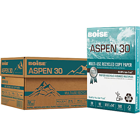 Boise ASPEN 30 Multi-Use Print & Copy Paper, Legal Size 8 1/2" x 14", 92 Brightness, 20 Lb, 30% Recycled, FSC Certified, White, 500 Sheets Per Ream, Case Of 10 Reams